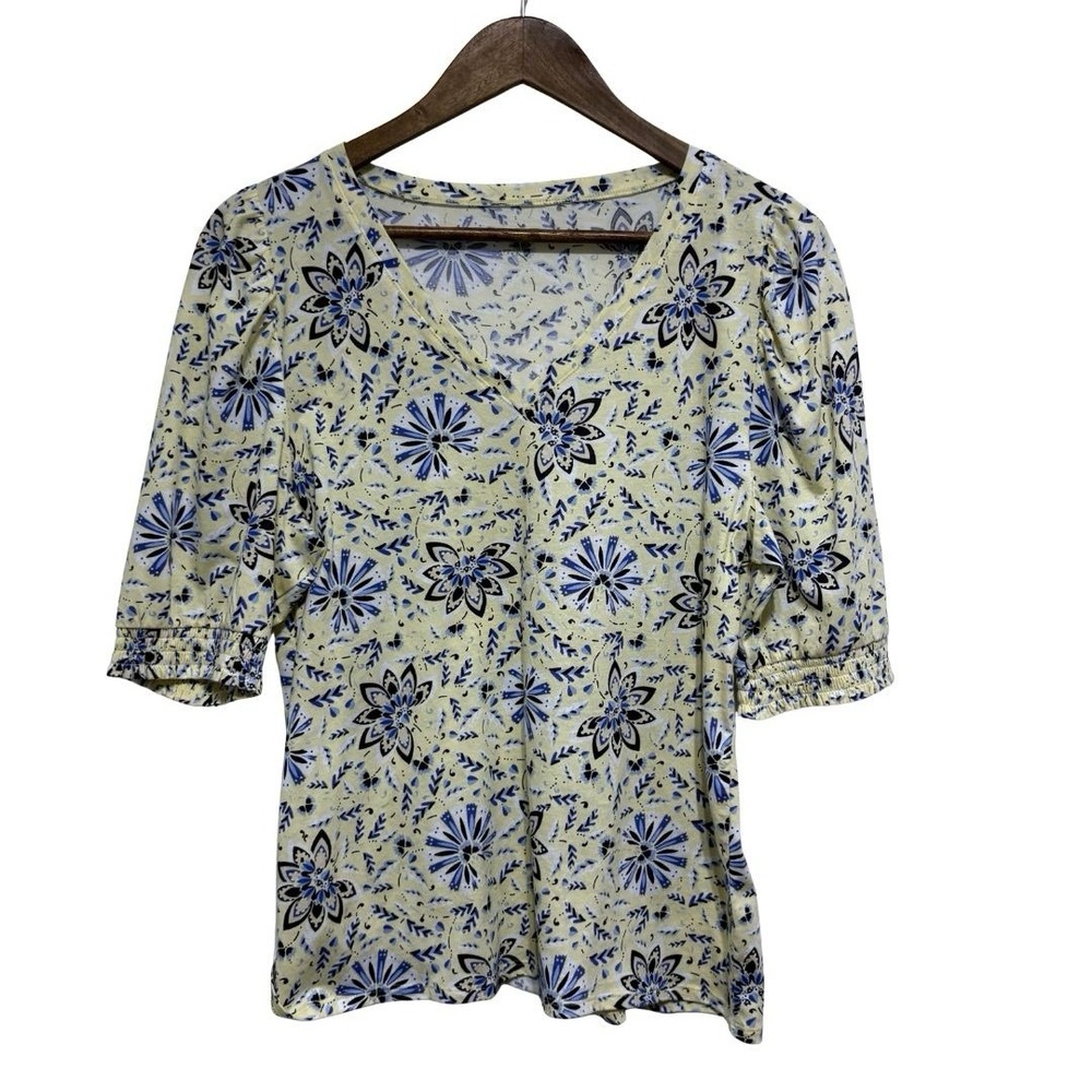 LOFT TShirt Womens L Yellow Blue Short Puff Sleeve V Neck Lightweight Romantic